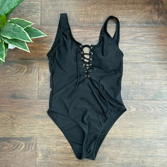 Black One Piece Bathing Suit with Lace Up Detail | Black One Piece | One Piece - Picture 2 of 11